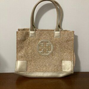 Tory Burch Ella Tote Bag Straw/Silver Large 9” x 13” x 5”